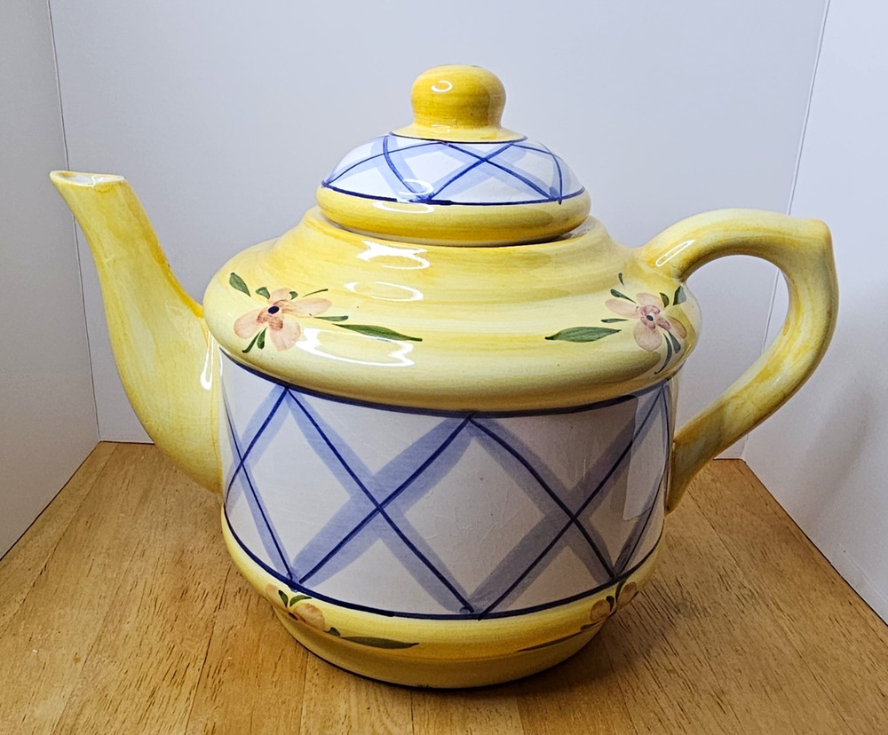 Vintage Jay Willfred Andrea by Sadek Teapot Yellow Floral Plaid Portugal